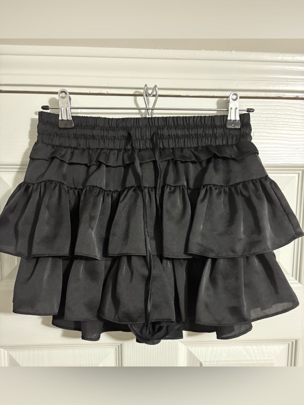Day + Moon Black Tiered Ruffle Satin Mini Skort